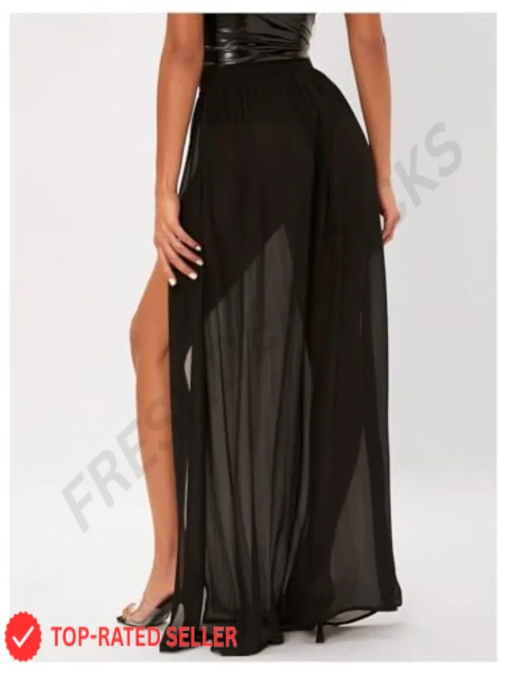 Mesh Sheer Ruffle Maxi Skirt High Waist See Through Thigh Split Long - Picture 4 of 5